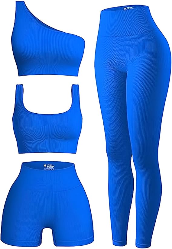Marwa Clothing 4-Piece Workout Set for Women – Ribbed Leggings, Sports Bra, Crop Top & Jacket | Yoga & Gym Activewear Matching Outfit