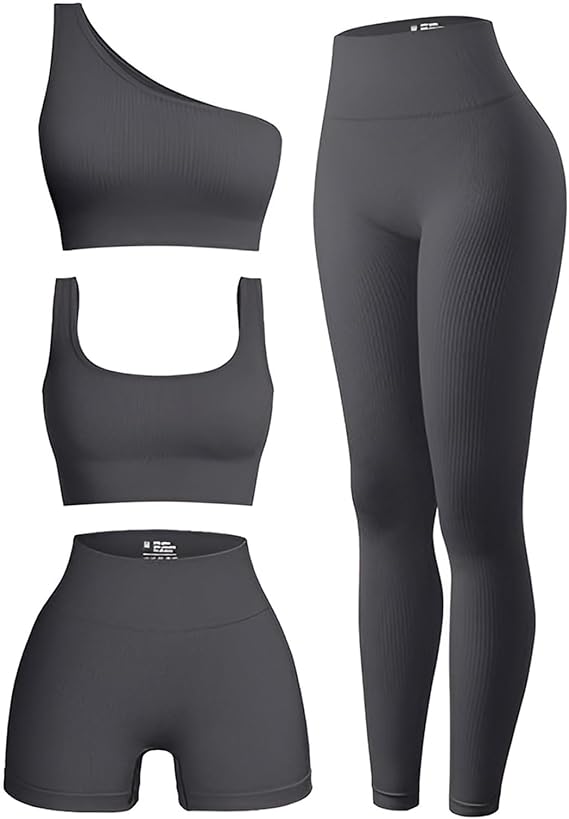 Marwa Clothing 4-Piece Workout Set for Women – Ribbed Leggings, Sports Bra, Crop Top & Jacket | Yoga & Gym Activewear Matching Outfit