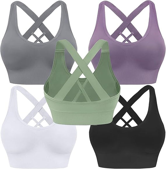 Marwa Clothing 5-Pack Strappy Sports Bras – Crossback, Seamless, Medium Support