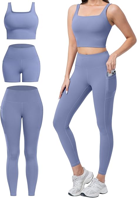 Marwa Clothing 3-in-1 Women’s Workout Set – High Waisted Leggings, Biker Shorts & Sports Bra