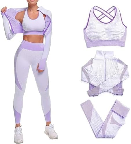 3 Piece Workout Sets for Women–Seamless Workout Sets with Jacket, Sports Bra & High-Waisted Leggings Women’s Gym Set