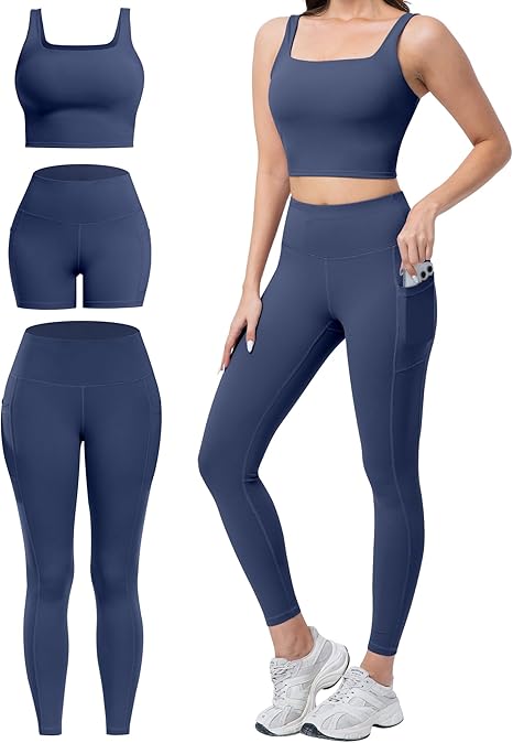 Marwa Clothing 3-in-1 Women’s Workout Set – High Waisted Leggings, Biker Shorts & Sports Bra