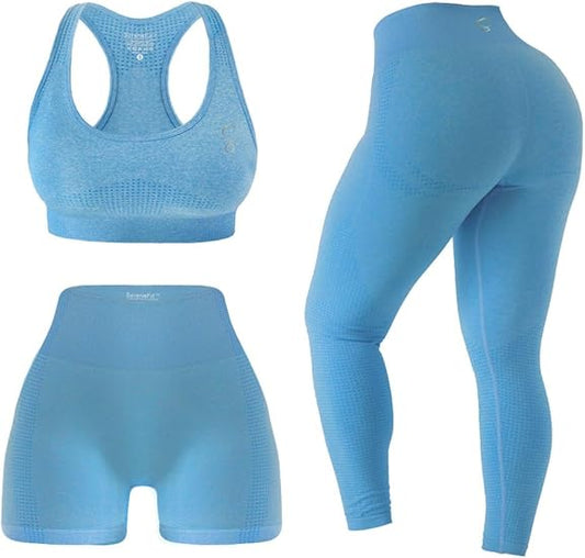 3 Piece Workout Sets For Women Seamless High Waisted Matching Exercise Leggings Shorts and Sports Bra Active Set