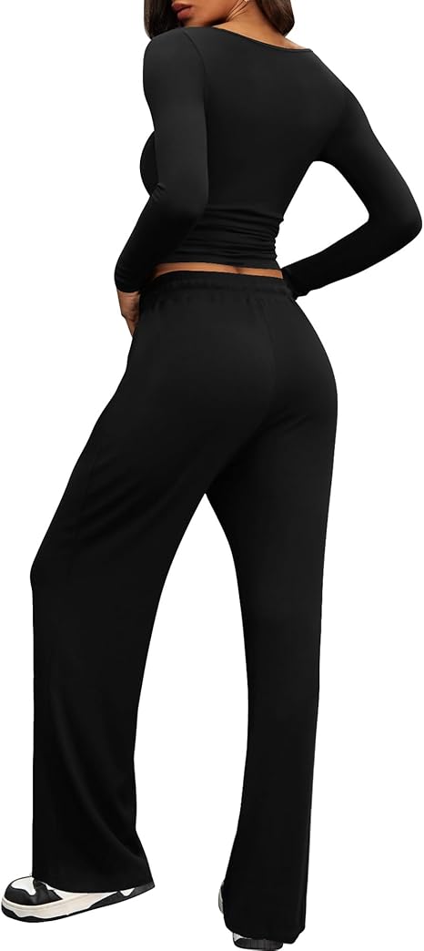 2 Piece Lounge Sets for Women, Side Ruched Long Sleeve Top & Wide Leg Pants Casual Matching Tracksuit for Home & Travel