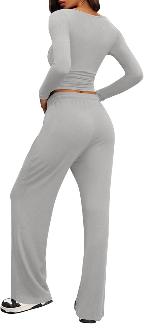 2 Piece Lounge Sets for Women, Side Ruched Long Sleeve Top & Wide Leg Pants Casual Matching Tracksuit for Home & Travel