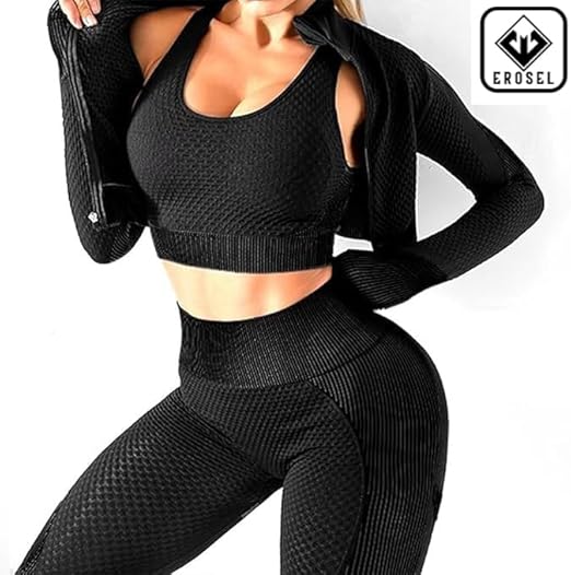 3 Piece Workout Sets for Women–Seamless Workout Sets with Jacket, Sports Bra & High-Waisted Leggings Women’s Gym Set
