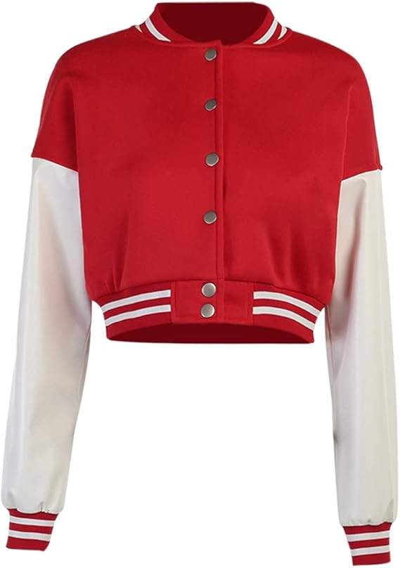 Women Color block Crop Fleece Baseball Jacket Button Down Bomber Coats Sweatshirt
