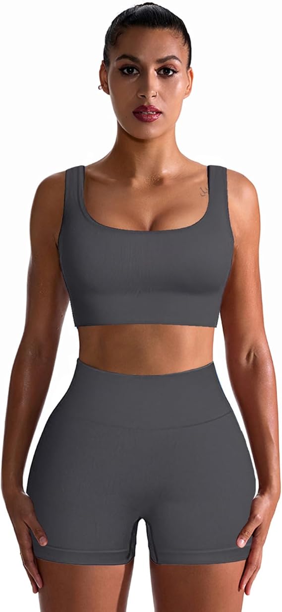 Marwa Clothing 4-Piece Workout Set for Women – Ribbed Leggings, Sports Bra, Crop Top & Jacket | Yoga & Gym Activewear Matching Outfit