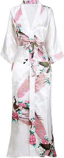 BABEYOND Women’s Long Satin Kimono Robe – Elegant Nightgown with Peacock & Blossom Print | Silky Loungewear