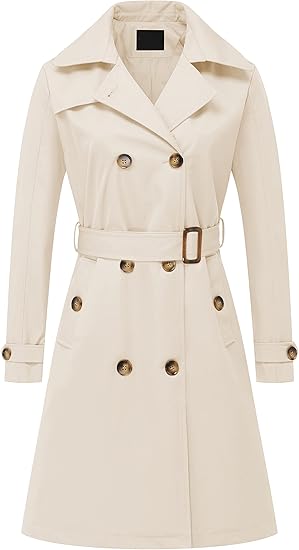 Women's Double Breasted Long Trench Coats Mid-Length Belted Overcoat Dress Jacket with Detachable Hood