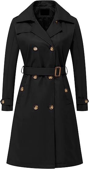 Women's Double Breasted Long Trench Coats Mid-Length Belted Overcoat Dress Jacket with Detachable Hood