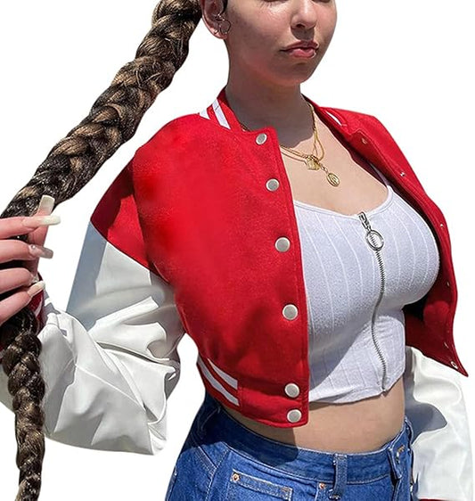 Women Color block Crop Fleece Baseball Jacket Button Down Bomber Coats Sweatshirt