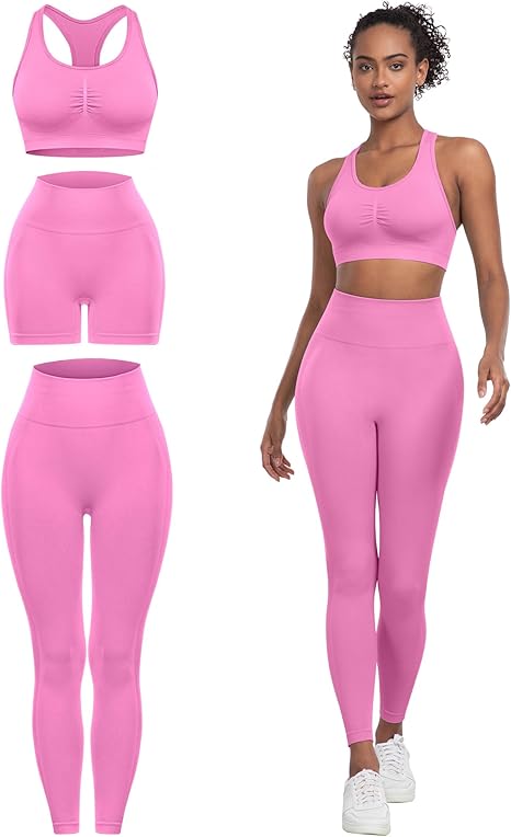 3 Piece Workout Sets for Women Butt Lifting Leggings with High Impact Sports Bra Gym Shorts