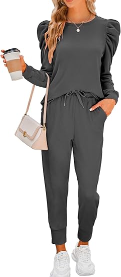 Sweatsuits for Women 2 Piece Outfits Puff Long Sleeve Crewneck Pullover Sweatshirt Jogger Lounge Sets