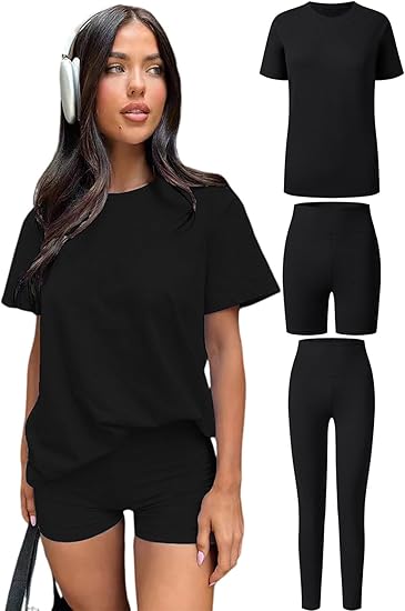 Women's 3 Piece Loungewear Set Soft & Stretchy Loose T Shirt with Shorts & Long Pants