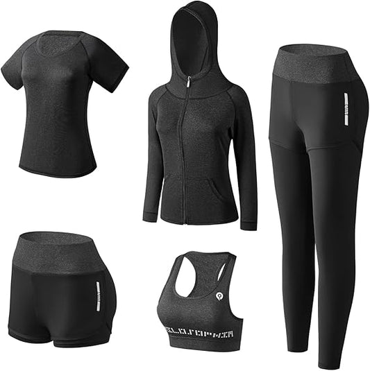 5pcs Workout Outfits for Women Athletic Sets Sport Suits Yoga Gym Fitness Exercise Clothes Jogging Tracksuits