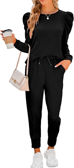 Sweatsuits for Women 2 Piece Outfits Puff Long Sleeve Crewneck Pullover Sweatshirt Jogger Lounge Sets