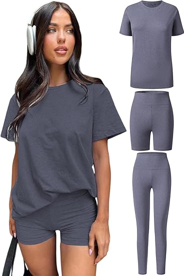 Women's 3 Piece Loungewear Set Soft & Stretchy Loose T Shirt with Shorts & Long Pants