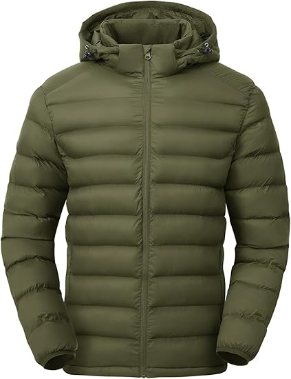 Men's Lightweight Puffer Jackets Detachable Hood Water-Resistant Casual Winter Coat Hooded Insulated for Travel Ski