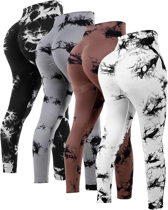 4 Pcs Womens Workout Leggings Tie Dye High Waisted Yoga Pants Seamless Scrunch Butt Lifting Compression Tights