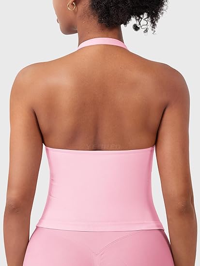 Women's Impact Halter Tank Top Longline Backless Scoop Neck Built-in Bra Sports Workout Gym Crop Top