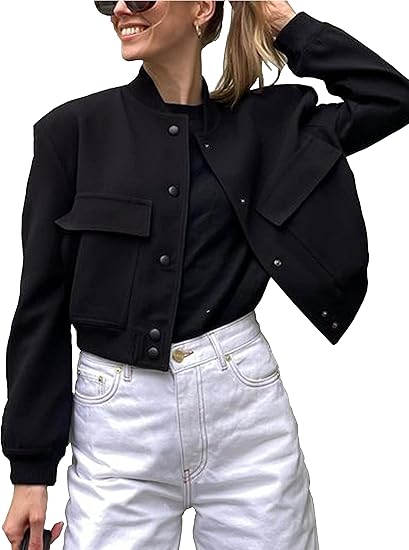 Womens Cropped Bomber Jacket Button Down Varsity Jackets Shackets with Pockets