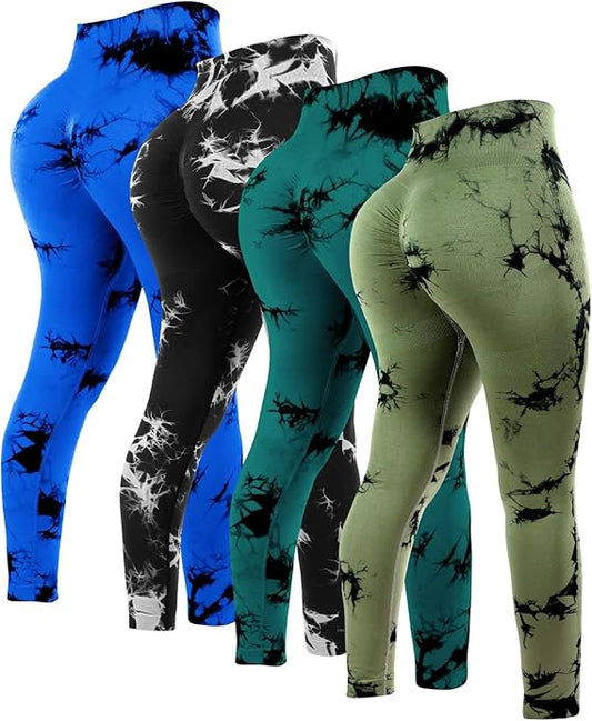 4 Pcs Womens Workout Leggings Tie Dye High Waisted Yoga Pants Seamless Scrunch Butt Lifting Compression Tights