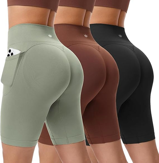 BLUELILY 3 Pack Women's Biker Shorts with Pockets 5" 8" Seamless High Waisted Tummy Control Workout Shorts for Running Gym