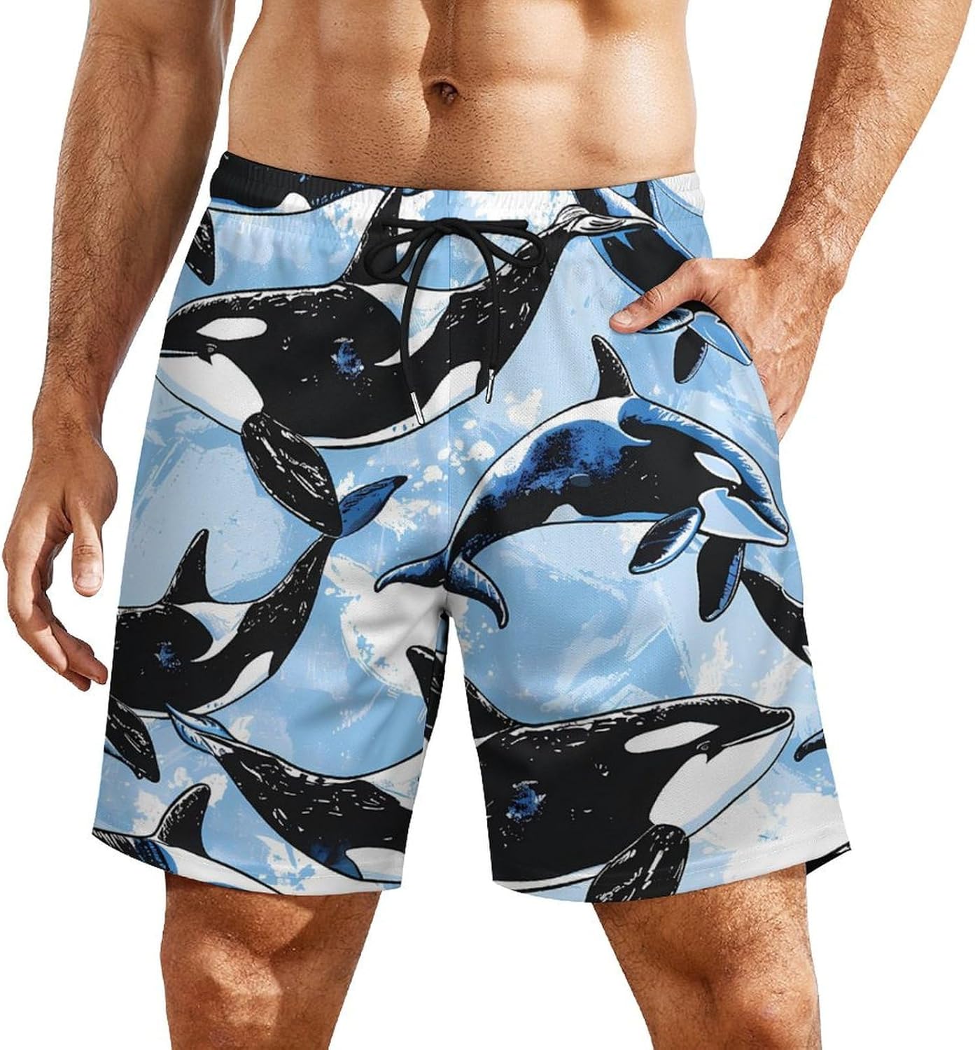 Killer Whale Orca Mens Swim Trunks with Compression Liner Summer Quick Dry Beach Shorts with Pockets
