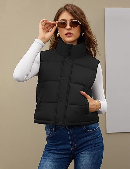 Womens Puffer Vest Sleeveless Puffy Cropped Vests Stand Collar Vest Lightweight Bubble Quilted Vests Trendy 2025