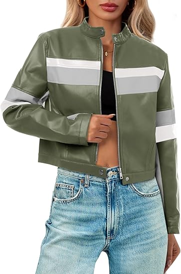 Womens Cropped Moto Biker Jackets Faux Leather Bomber Jacket Color Block Vintage Racing Coats