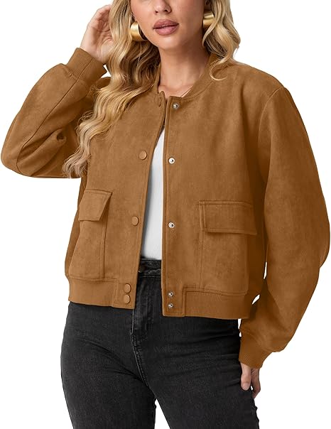 Womens Faux Suede Leather Bomber Jacket Cropped Button Down Long Sleeve Casual Varsity Baseball With Pockets