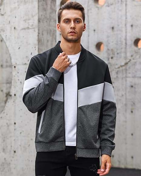 Mens Lightweight Jacket Casual Bomber Jacket Color Block Varsity Coat