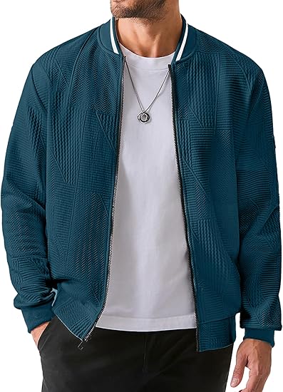 Mens Casual Jacquard Bomber Jackets Color-Block Lightweight Varsity Jacket Fashion Zipper Coat with Pockets