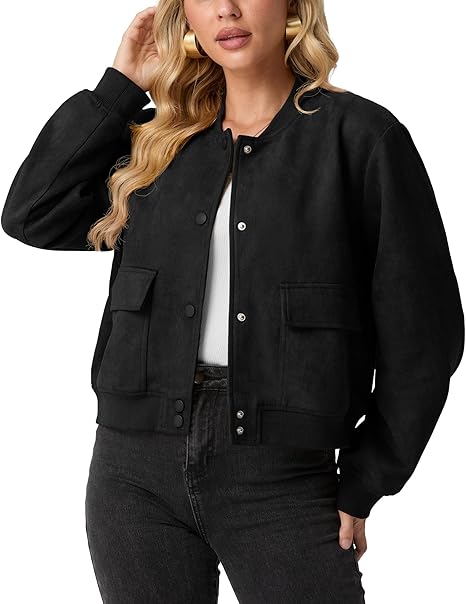 Womens Faux Suede Leather Bomber Jacket Cropped Button Down Long Sleeve Casual Varsity Baseball With Pockets