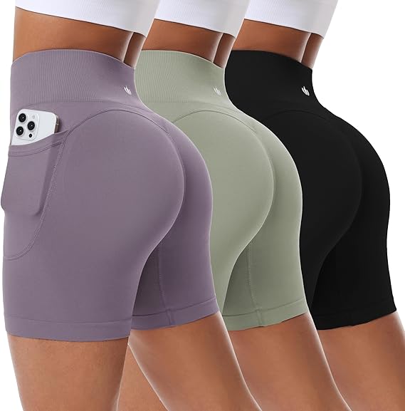 BLUELILY 3 Pack Women's Biker Shorts with Pockets 5" 8" Seamless High Waisted Tummy Control Workout Shorts for Running Gym