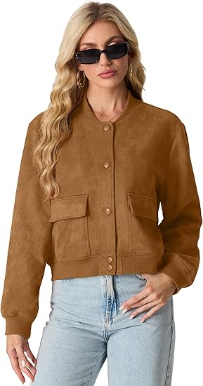 Womens Faux Suede Leather Bomber Jacket Cropped Button Down Long Sleeve Casual Varsity Baseball With Pockets
