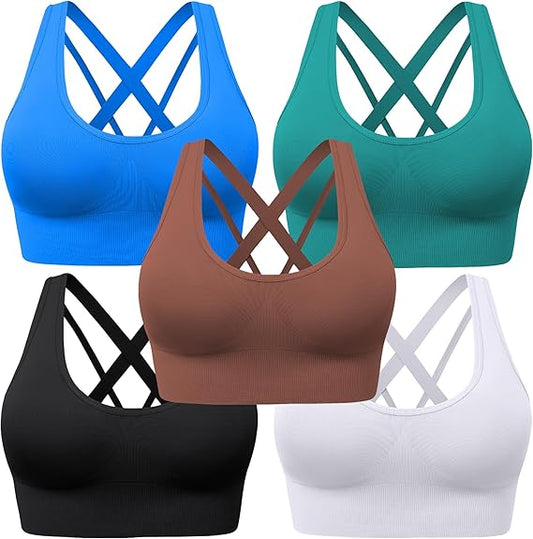 BLUELILY Sports Bras for Women Padded Adjustable Deep V Neck Bra Seamless Spaghetti Strap Criss Cross Light Impact Yoga Bras