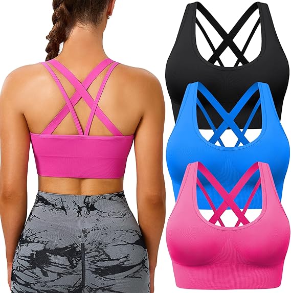 BLUELILY Sports Bras for Women Padded Adjustable Deep V Neck Bra Seamless Spaghetti Strap Criss Cross Light Impact Yoga Bras