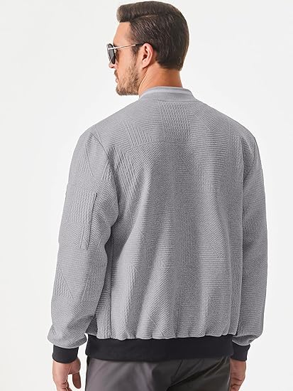 Mens Casual Jacquard Bomber Jackets Color-Block Lightweight Varsity Jacket Fashion Zipper Coat with Pockets