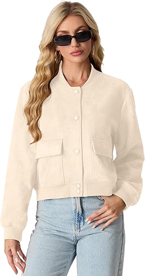 Womens Faux Suede Leather Bomber Jacket Cropped Button Down Long Sleeve Casual Varsity Baseball With Pockets