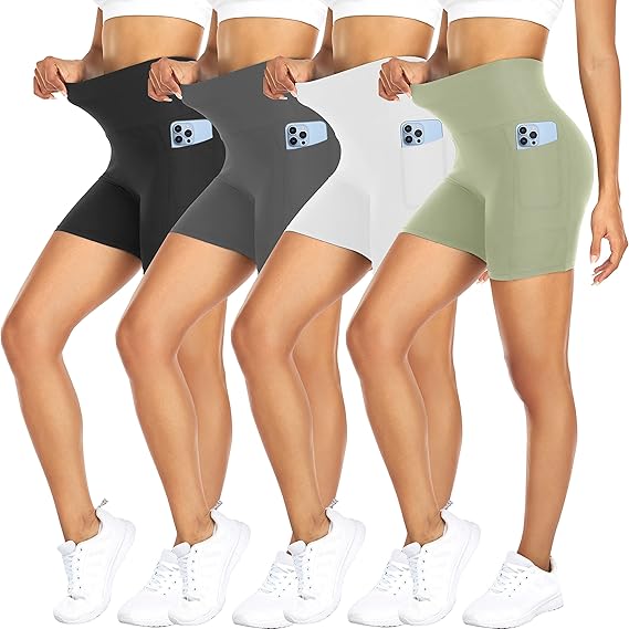 4 Pack Biker Shorts for Women with Pockets – 5" High Waisted Tummy Control Workout Yoga Running Gym Tennis Shorts