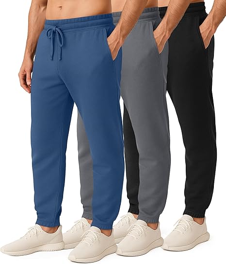 3 Pack: Men's Fleece Elastic Bottom Jogger Sweatpants with Pockets (Available in Big & Tall)