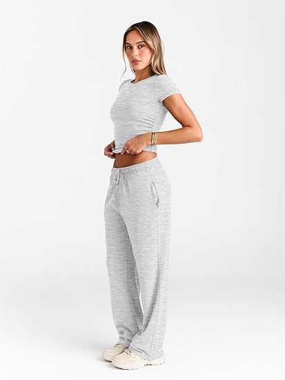 Trendy Queen Women’s 2-Piece Summer Sweatsuit – Wide Leg Pants & Side-Ruched Crop Top | Marwa Clothing