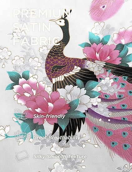 BABEYOND Women’s Long Satin Kimono Robe – Elegant Nightgown with Peacock & Blossom Print | Silky Loungewear