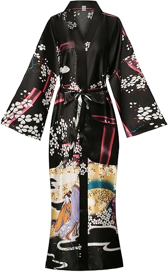 Women’s Floral Satin Kimono Robe – Long Silky Bathrobe & Loungewear | Elegant Printed Sleepwear by Marwa Clothing