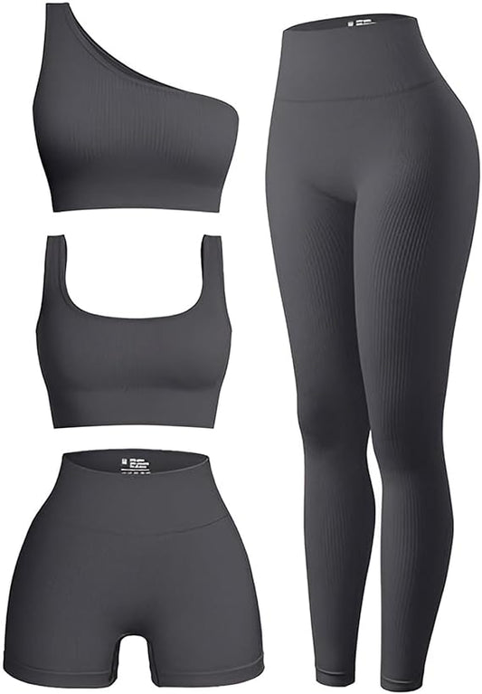 Marwa Clothing 4-Piece Workout Set for Women – Ribbed Leggings, Sports Bra, Crop Top & Jacket | Yoga & Gym Activewear Matching Outfit