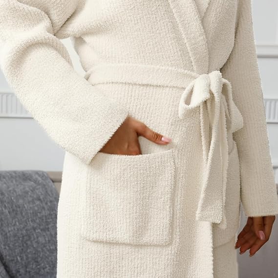 MH MYLUNE HOME Women’s Plush Robe – Ultra Soft Fuzzy Spa Bathrobe with Pockets | Cozy Calf-Length Loungewear