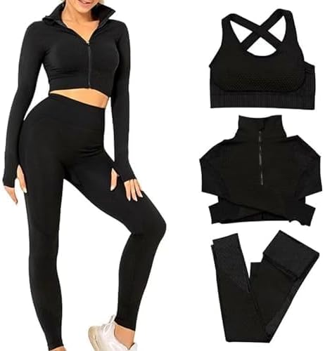 3 Piece Workout Sets for Women–Seamless Workout Sets with Jacket, Sports Bra & High-Waisted Leggings Women’s Gym Set