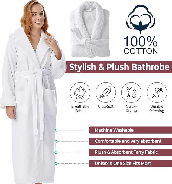 Unisex Cotton Terry Bathrobe – Shawl Collar Spa Robe for Men & Women | One Size Absorbent Long wear